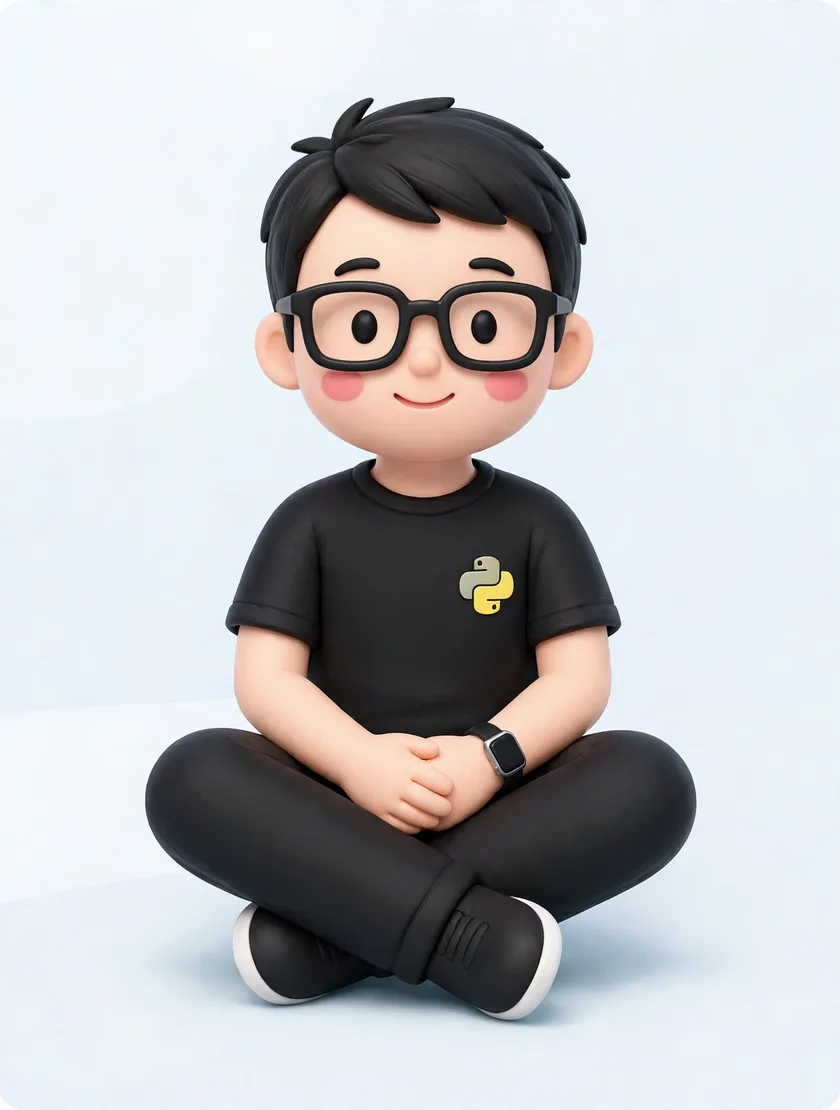 Jiangchuan as a clay-style cartoon character: sitting cross-legged, short hair, black glasses, black T-shirt